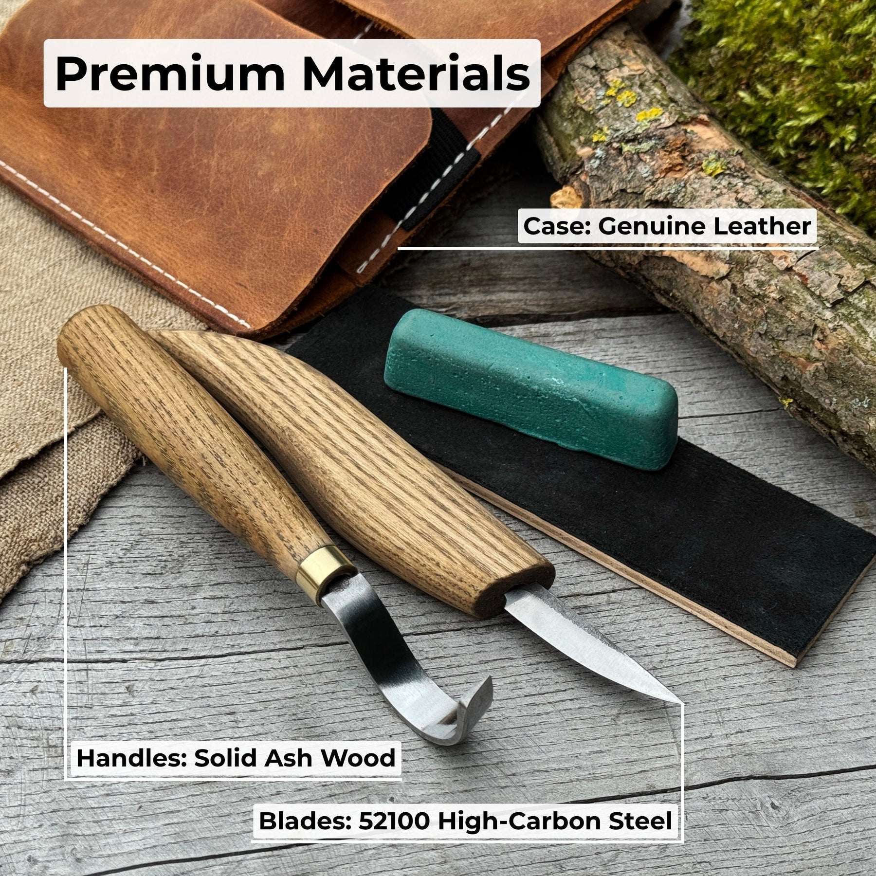 3-Piece Spoon Carving Set – Whittling Knife, Hook Knife & Sharpening Strop detail view by Sharky Forged Steel Tools