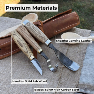 3-Piece Spoon Carving Set with Leather Roll detail view by Sharky Forged Steel Tools