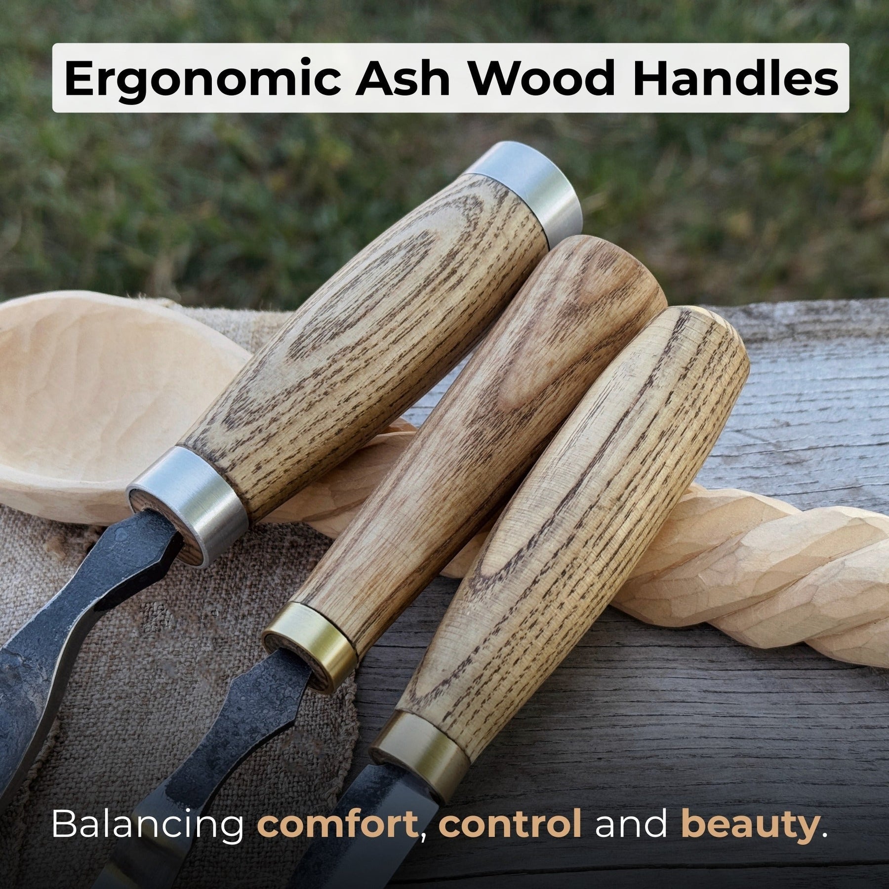 3-Piece Spoon Carving Set with Leather Roll detail view by Sharky Forged Steel Tools