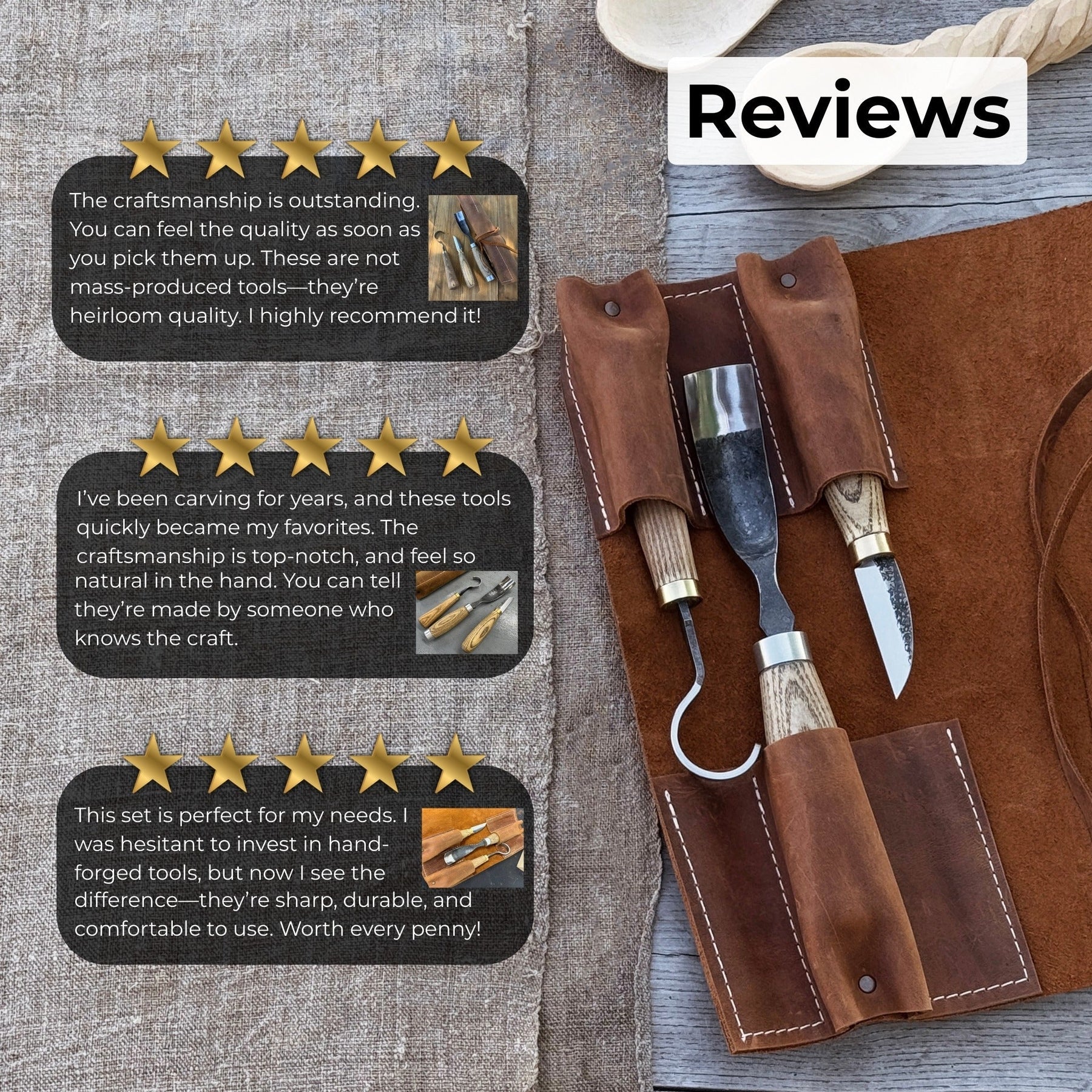 3-Piece Spoon Carving Set with Leather Roll detail view by Sharky Forged Steel Tools