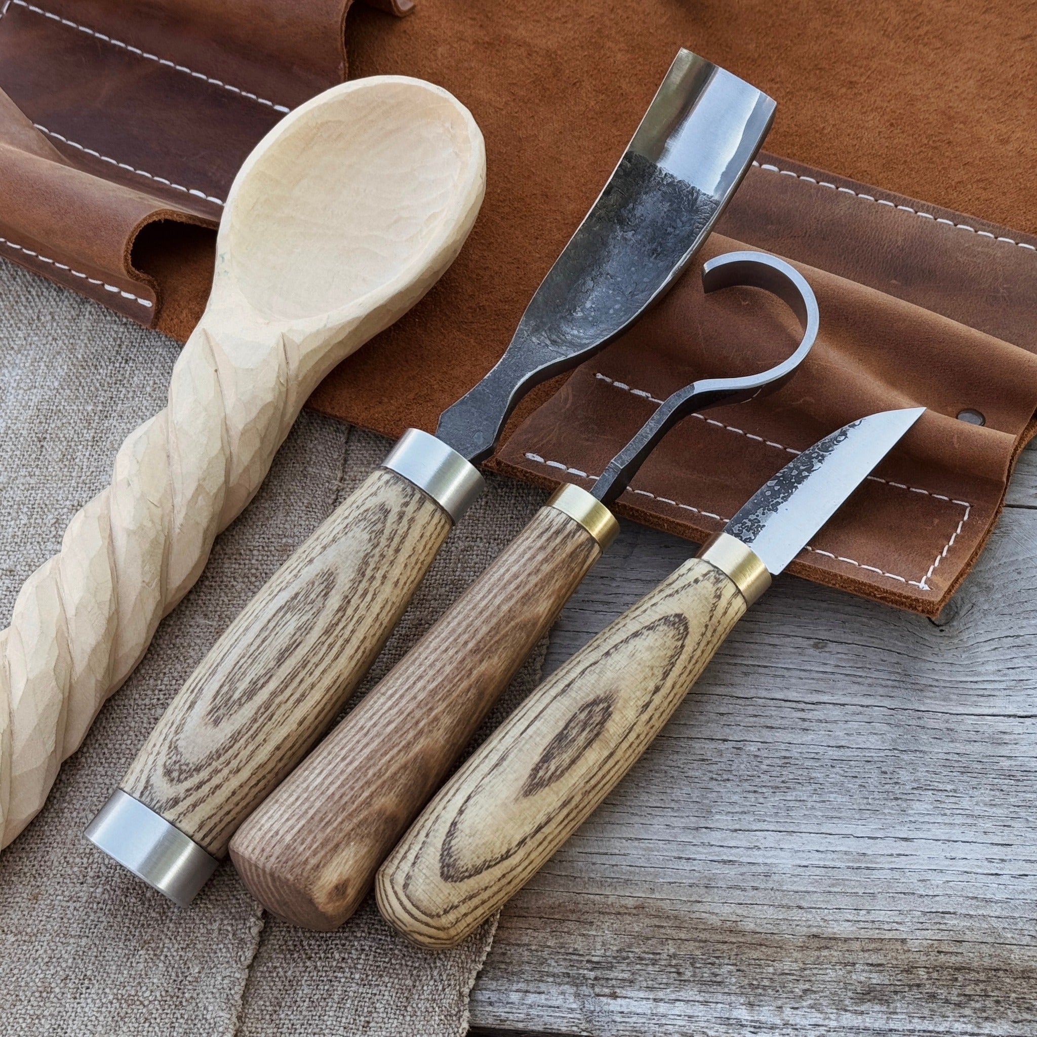 3-Piece Spoon Carving Set with Leather Roll by Sharky Forged Steel Tools