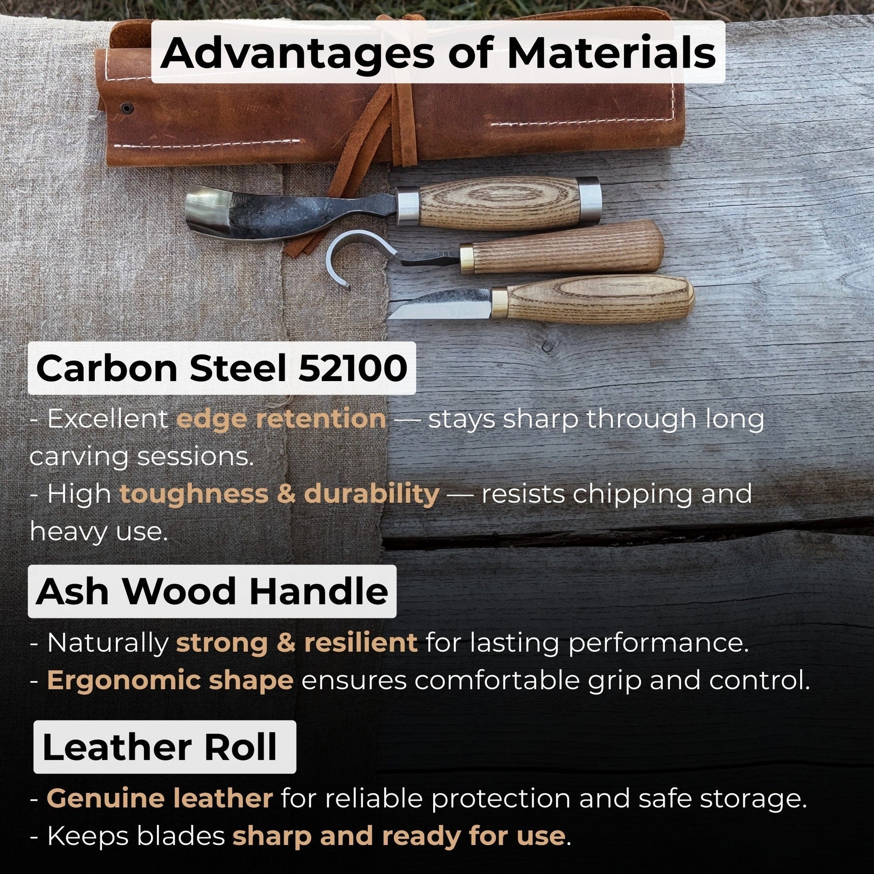 3-Piece Spoon Carving Set with Leather Roll detail view by Sharky Forged Steel Tools