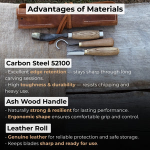 3-Piece Spoon Carving Set with Leather Roll detail view by Sharky Forged Steel Tools