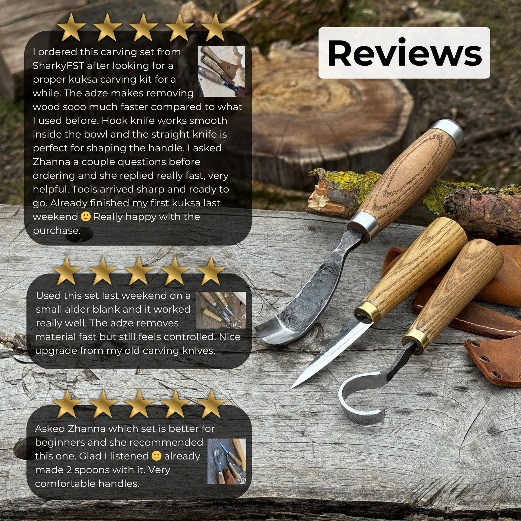 3-Piece Spoon Carving Tool Set detail view by Sharky Forged Steel Tools