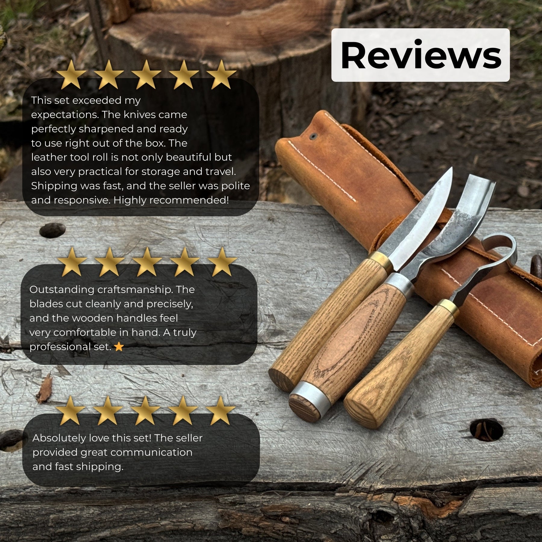 3-Piece Spoon Carving Tool Set detail view by Sharky Forged Steel Tools