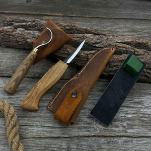3-Piece Spoon Carving Tool Set with Leather Strop detail view by Sharky Forged Steel Tools