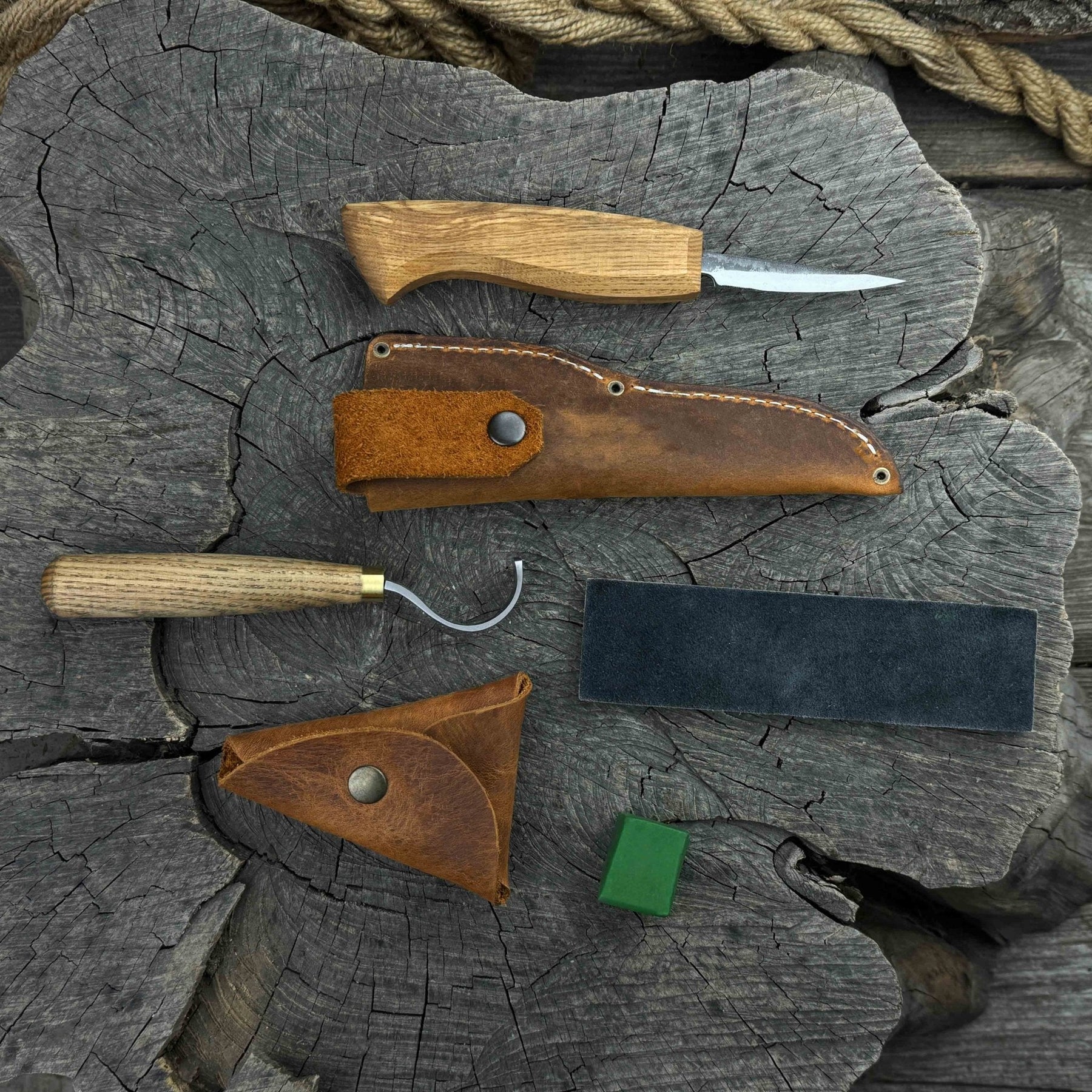 3-Piece Spoon Carving Tool Set with Leather Strop detail view by Sharky Forged Steel Tools