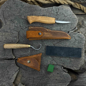 3-Piece Spoon Carving Tool Set with Leather Strop detail view by Sharky Forged Steel Tools