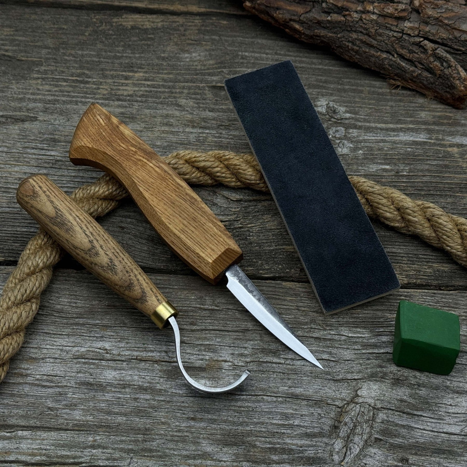 3-Piece Spoon Carving Tool Set with Leather Strop detail view by Sharky Forged Steel Tools