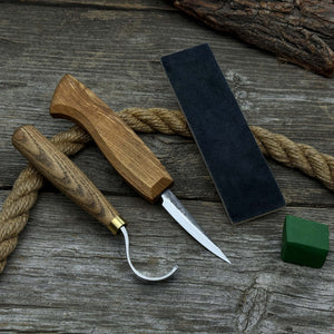 3-Piece Spoon Carving Tool Set with Leather Strop detail view by Sharky Forged Steel Tools
