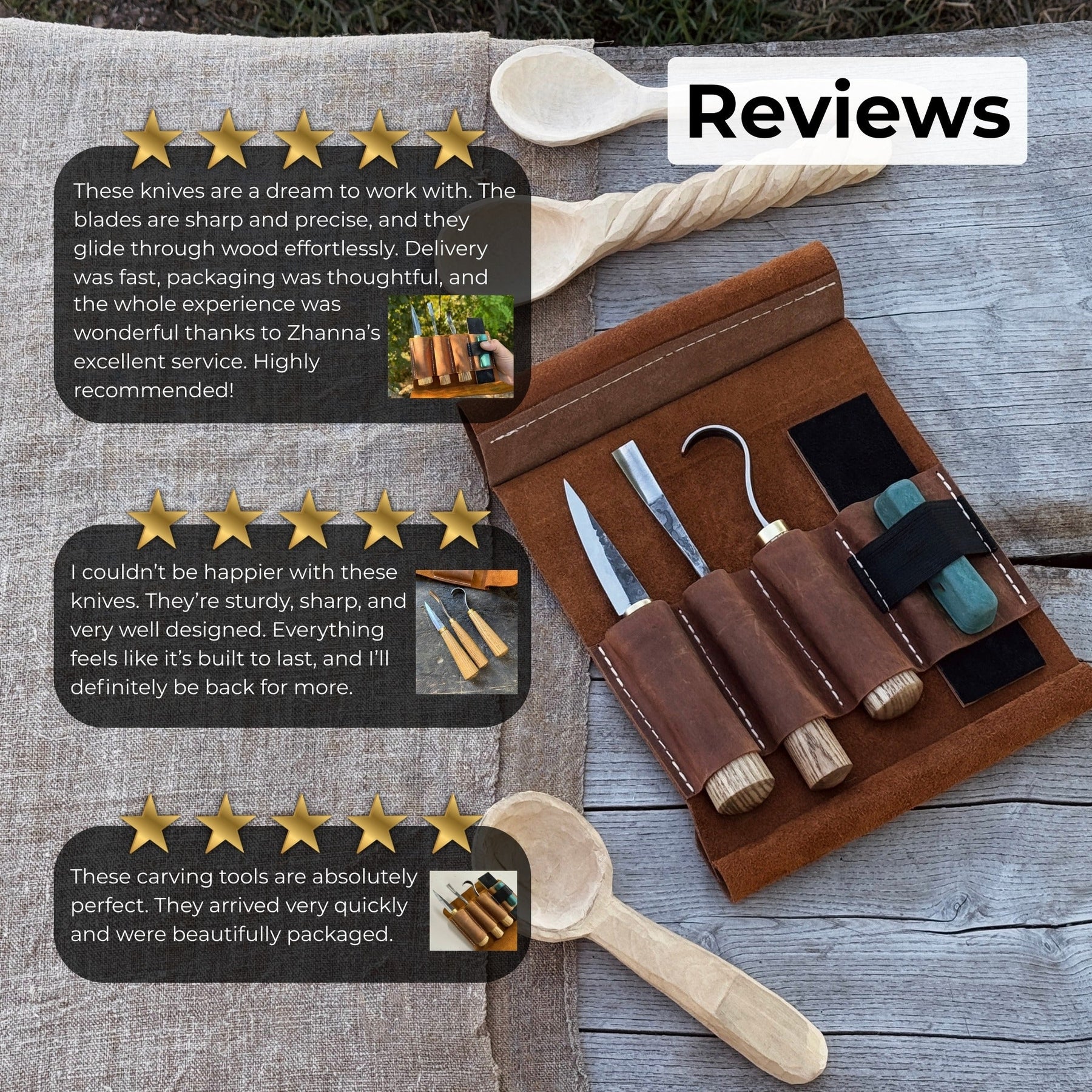 3-Piece Spoon Carving Tool Set with Sharpening Board detail view by Sharky Forged Steel Tools