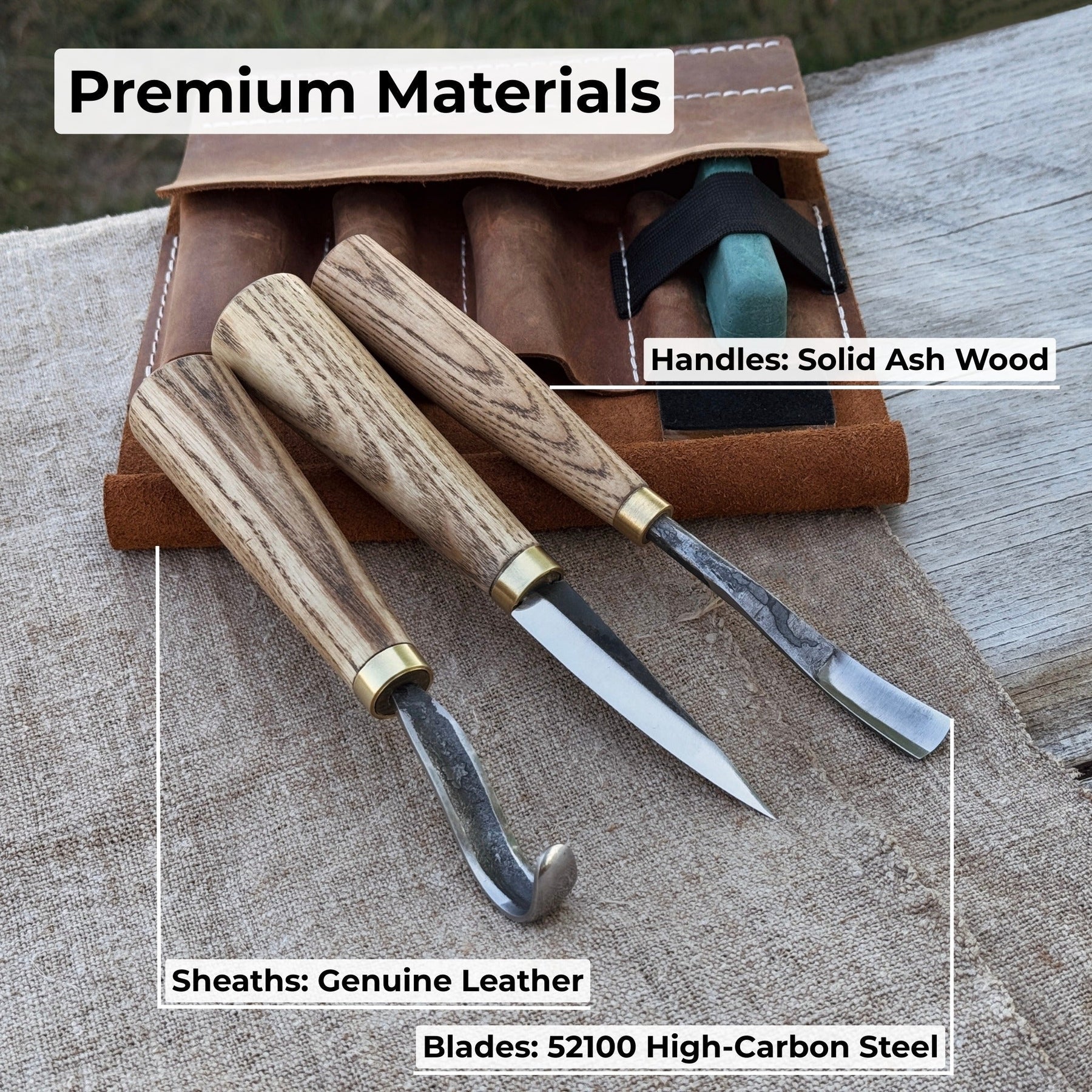 3-Piece Spoon Carving Tool Set with Sharpening Board detail view by Sharky Forged Steel Tools
