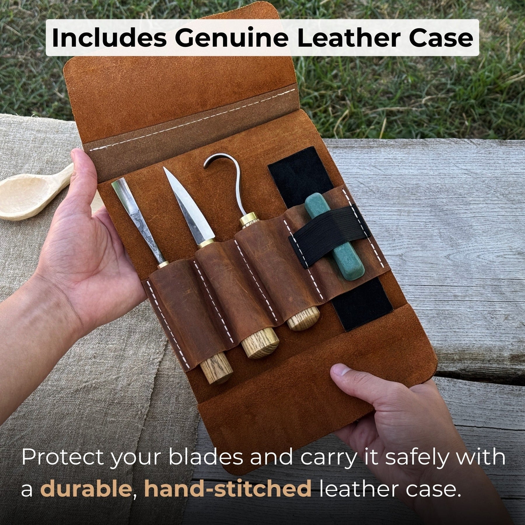 3-Piece Spoon Carving Tool Set with Sharpening Board detail view by Sharky Forged Steel Tools
