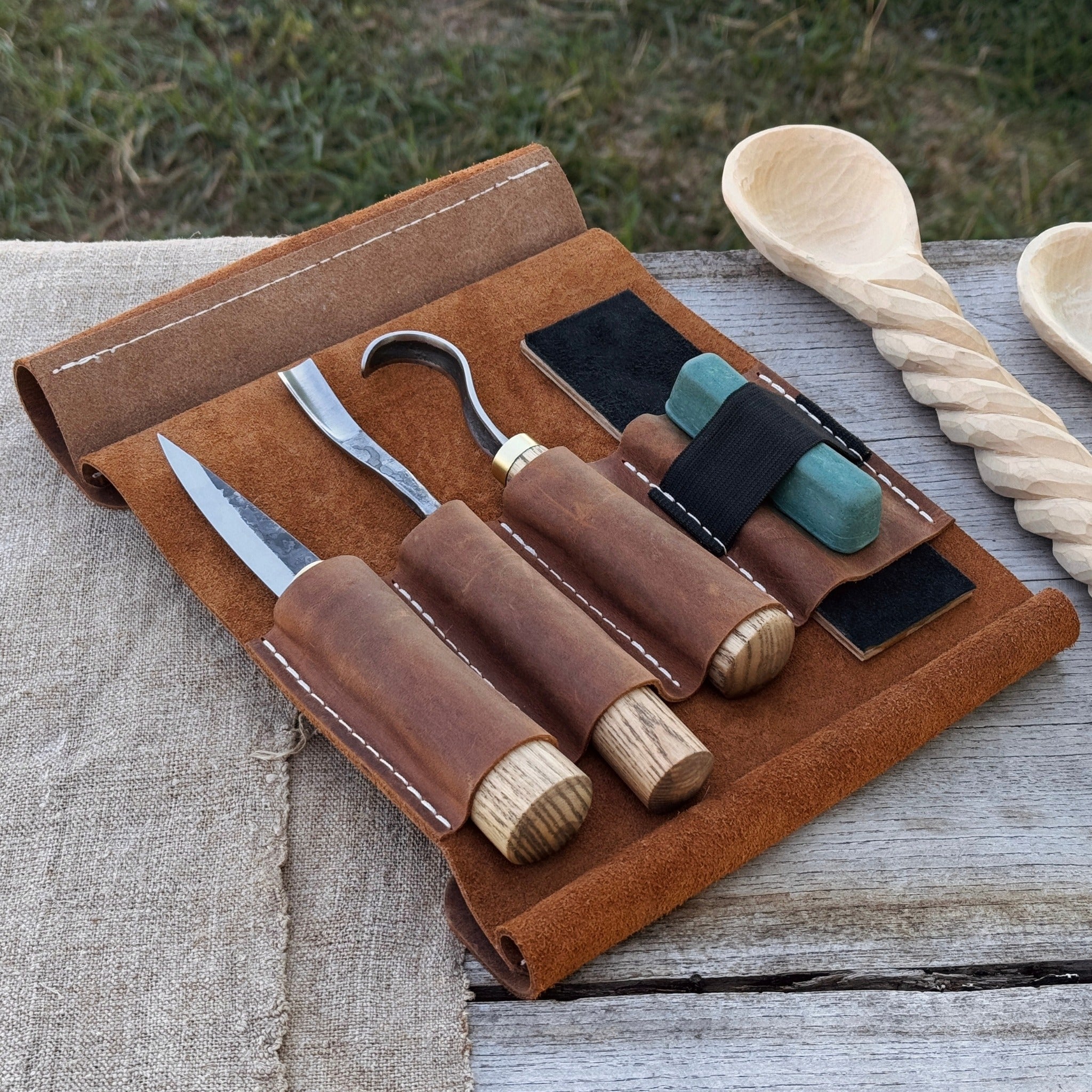 3-Piece Spoon Carving Tool Set with Sharpening Board by Sharky Forged Steel Tools