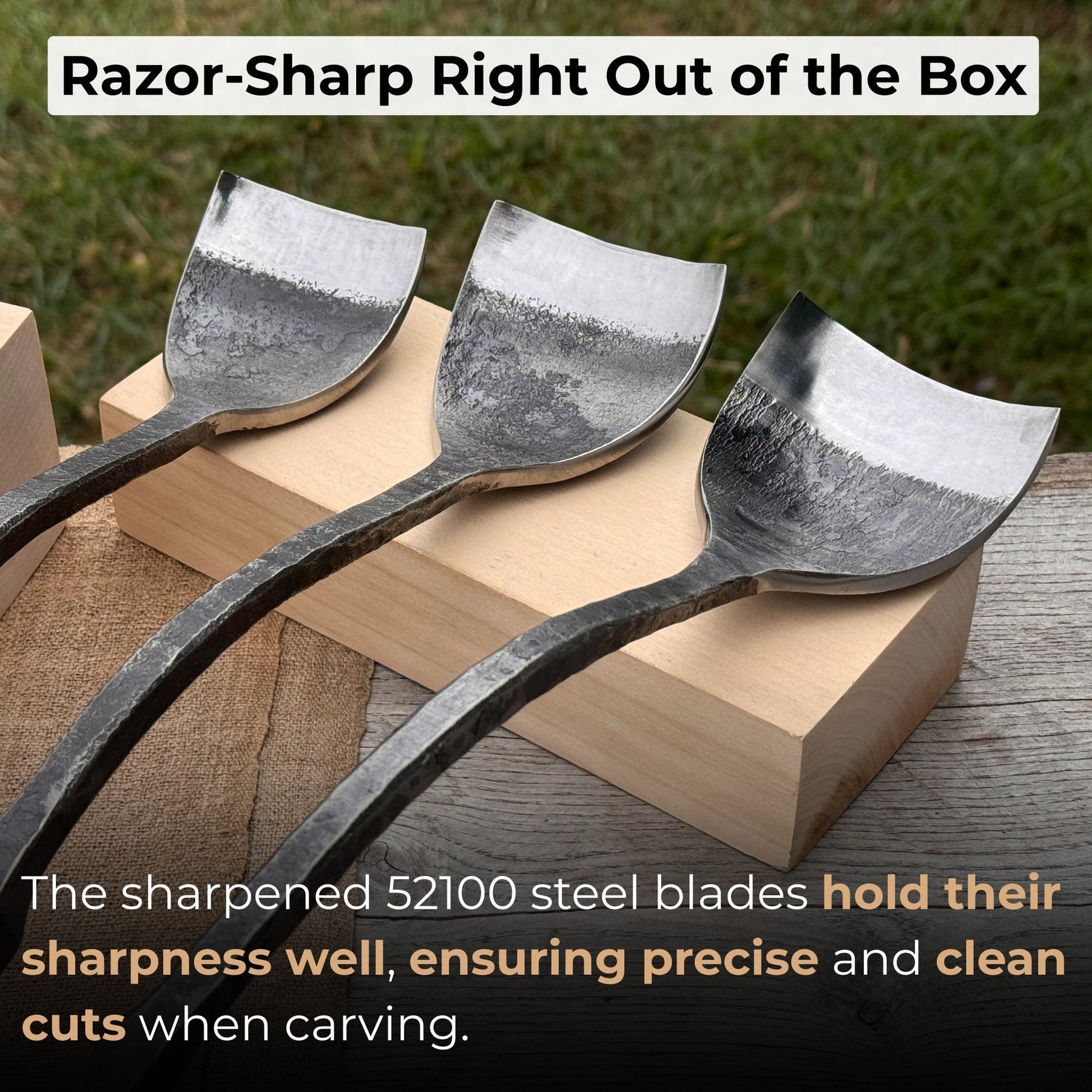 3-Piece Spoon (Short) Bent Gouge Set detail view by Sharky Forged Steel Tools