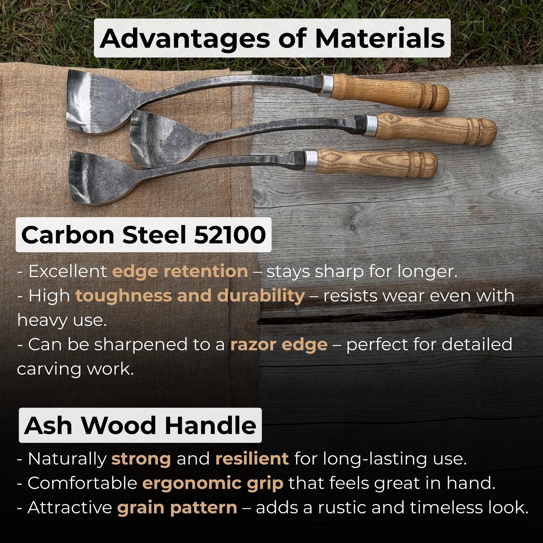 3-Piece Spoon (Short) Bent Gouge Set detail view by Sharky Forged Steel Tools