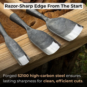 3-Piece Timber Framing Rounded Chisel Set detail view by Sharky Forged Steel Tools