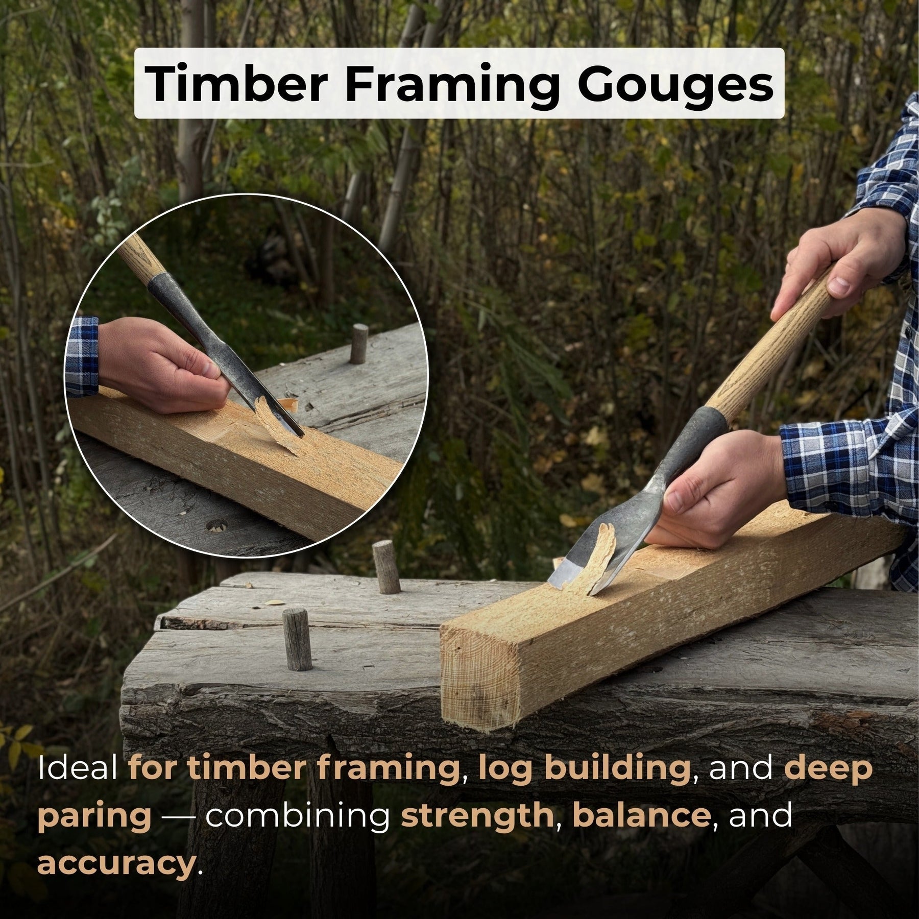 3-Piece Timber Framing Rounded Chisel Set detail view by Sharky Forged Steel Tools