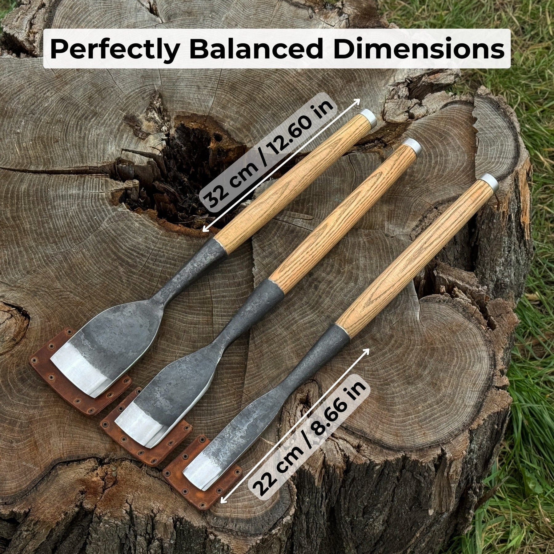 3-Piece Timber Framing Rounded Chisel Set detail view by Sharky Forged Steel Tools