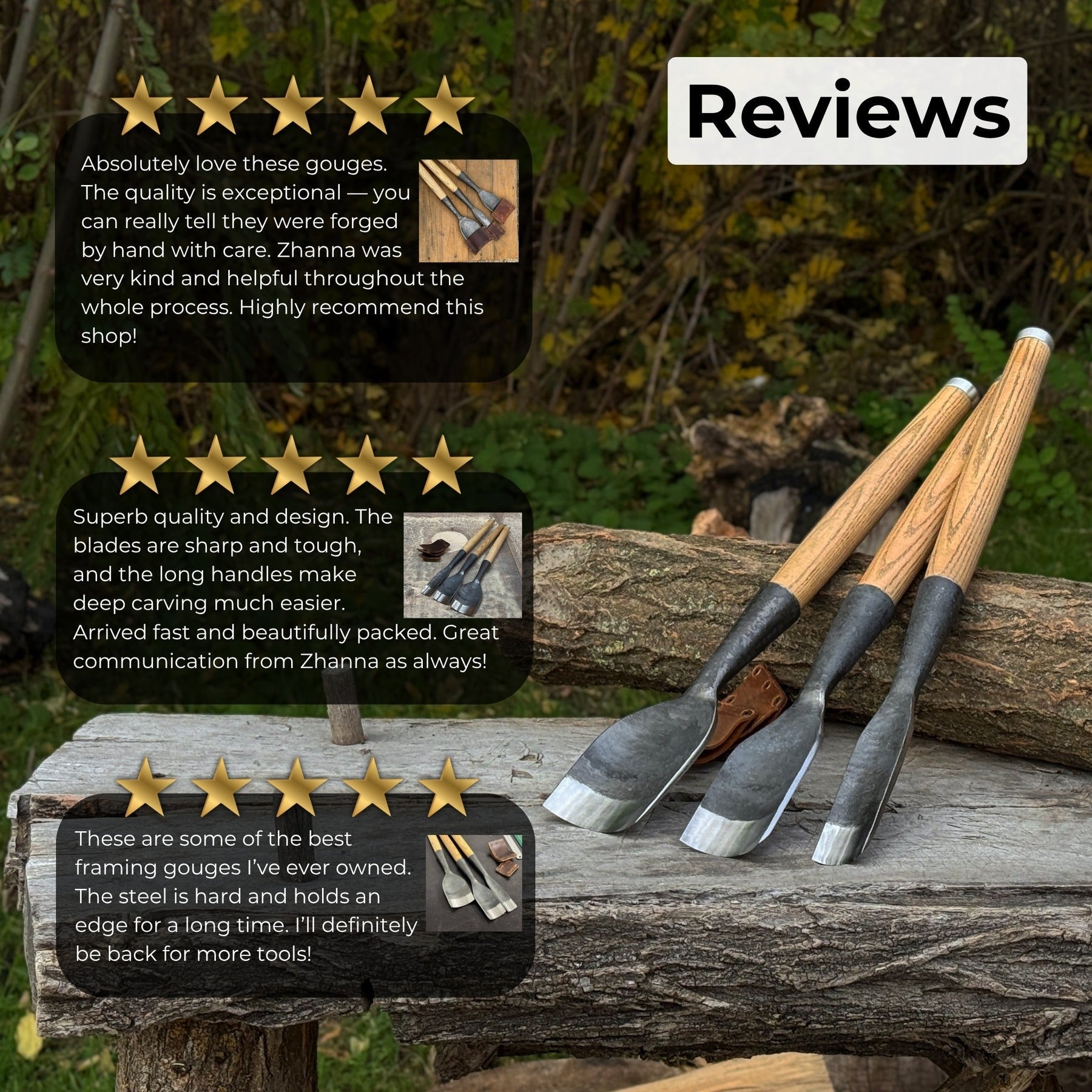 3-Piece Timber Framing Rounded Chisel Set detail view by Sharky Forged Steel Tools