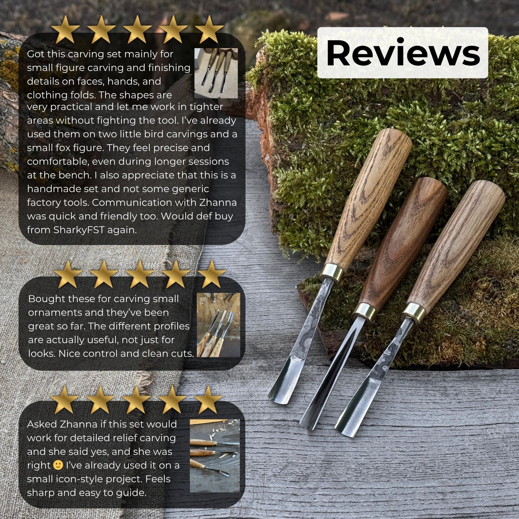 3-Piece Wood Carving Chisel & Gouge Set detail view by Sharky Forged Steel Tools