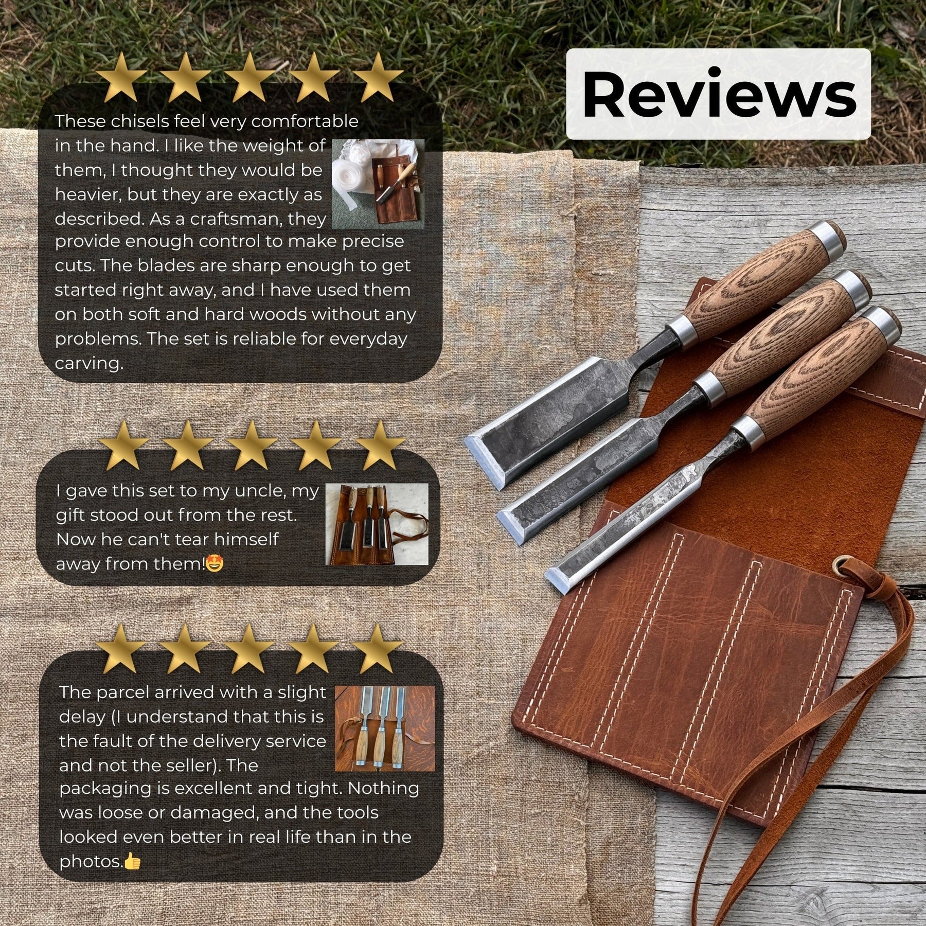 3-Piece Wood Carving Chisel Set detail view by Sharky Forged Steel Tools