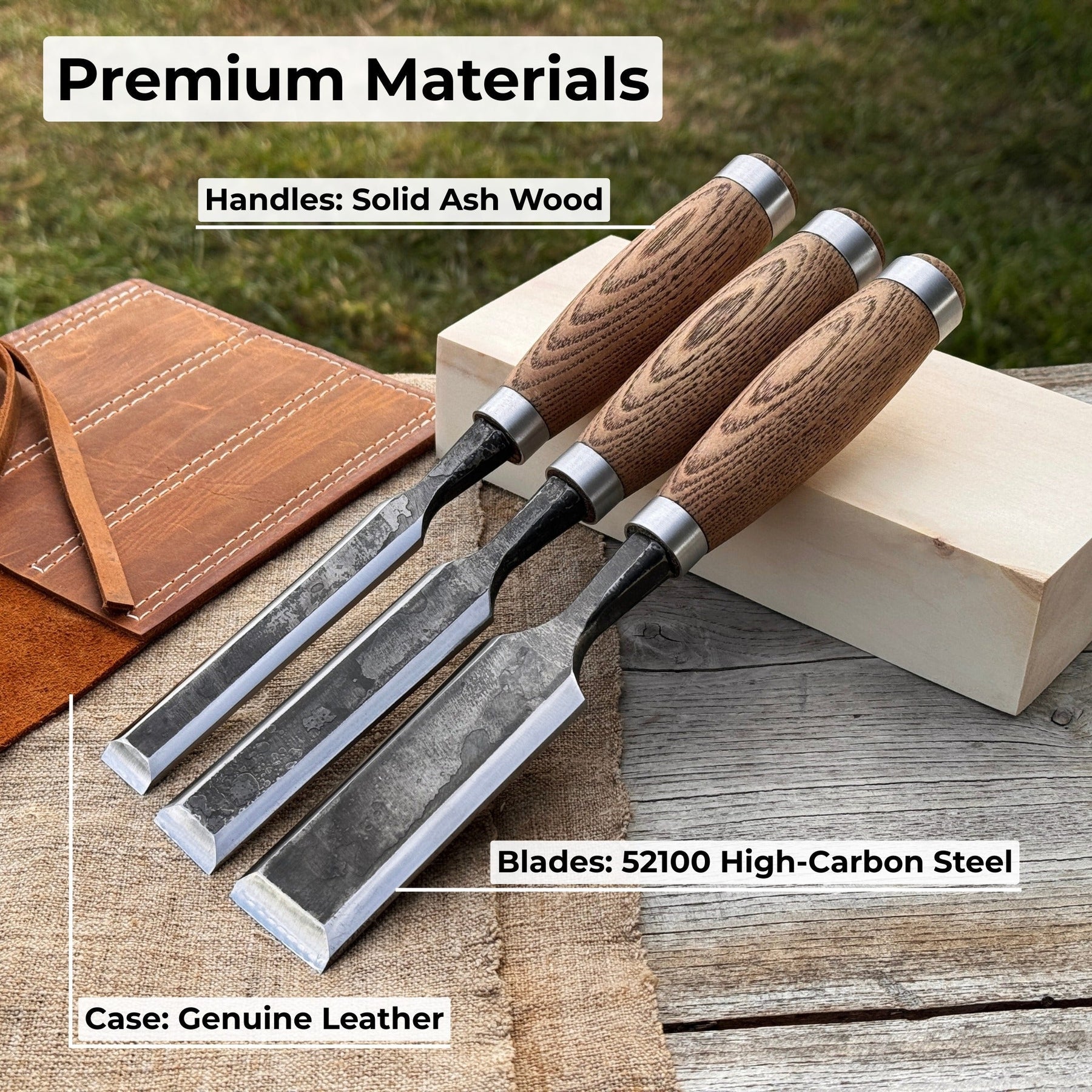 3-Piece Wood Carving Chisel Set detail view by Sharky Forged Steel Tools