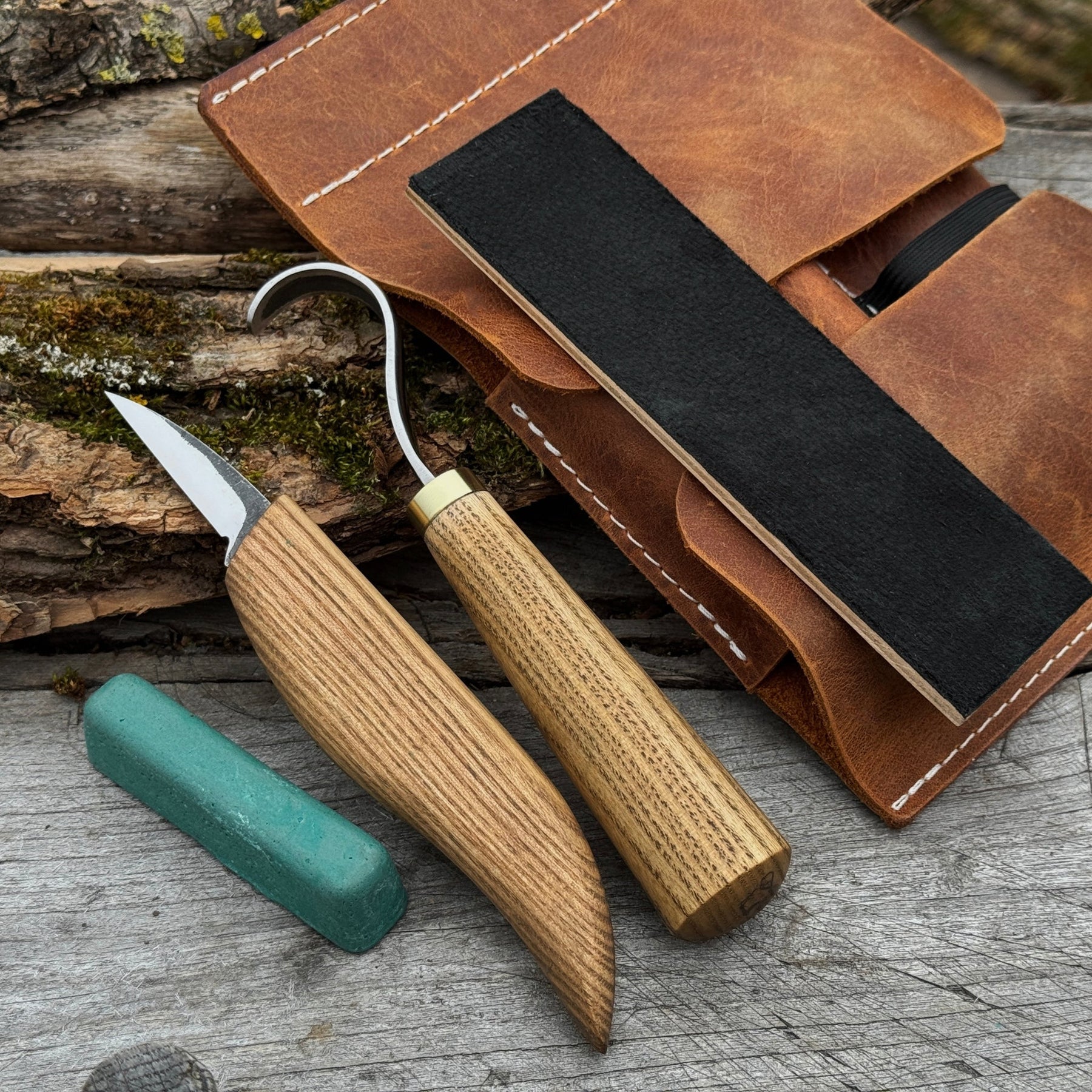 3-Piece Wood Carving Knife Set – Whittling Knife, Hook Knife & Leather Strop by Sharky Forged Steel Tools