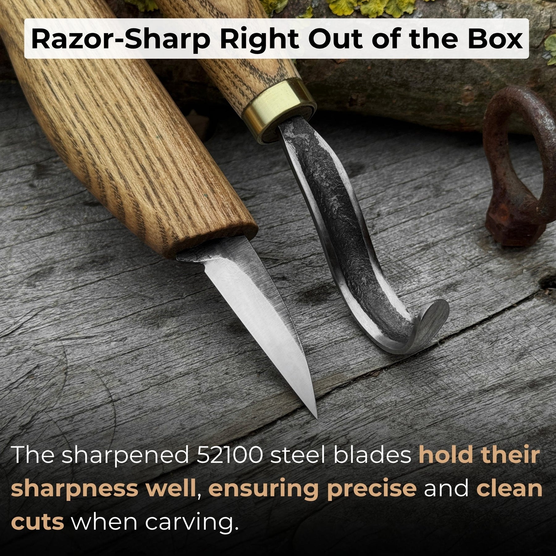 3-Piece Wood Carving Knife Set – Whittling Knife, Hook Knife & Leather Strop detail view by Sharky Forged Steel Tools