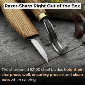 3-Piece Wood Carving Knife Set – Whittling Knife, Hook Knife & Leather Strop detail view by Sharky Forged Steel Tools