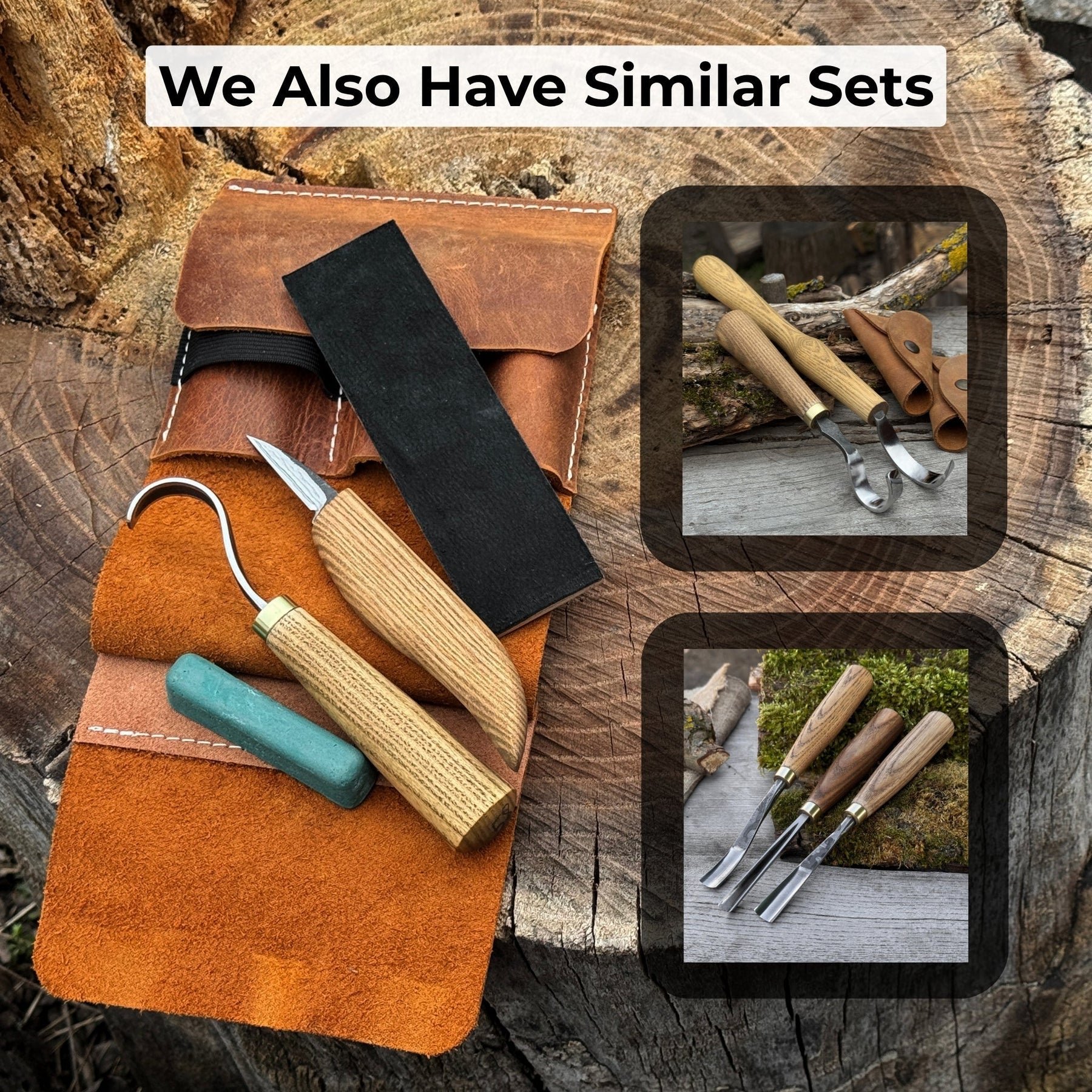 3-Piece Wood Carving Knife Set – Whittling Knife, Hook Knife & Leather Strop detail view by Sharky Forged Steel Tools