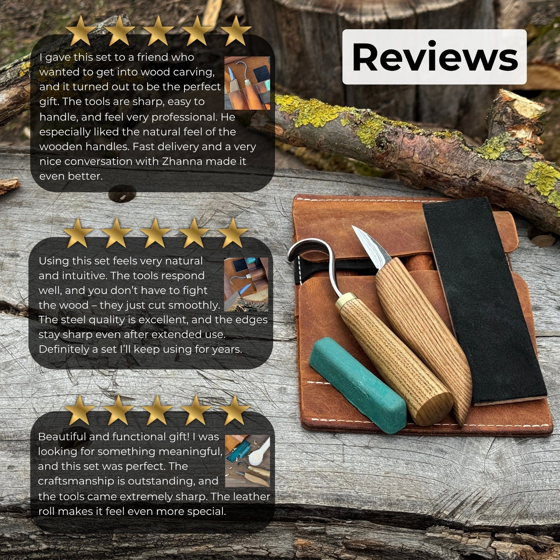 3-Piece Wood Carving Knife Set – Whittling Knife, Hook Knife & Leather Strop detail view by Sharky Forged Steel Tools