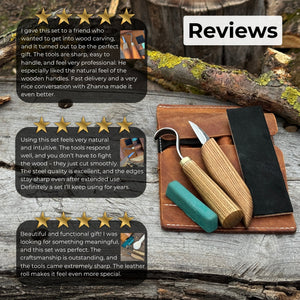 3-Piece Wood Carving Knife Set – Whittling Knife, Hook Knife & Leather Strop detail view by Sharky Forged Steel Tools