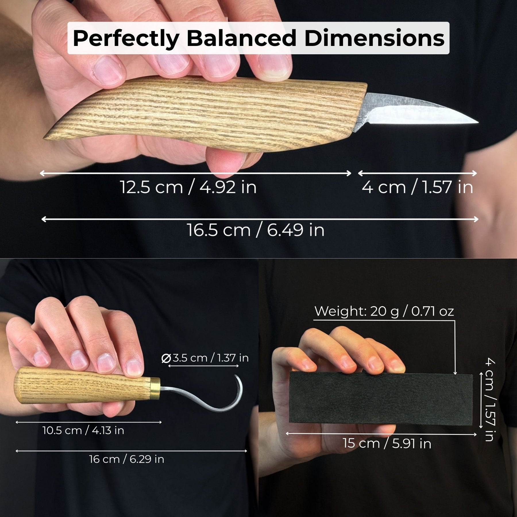 3-Piece Wood Carving Knife Set – Whittling Knife, Hook Knife & Leather Strop detail view by Sharky Forged Steel Tools