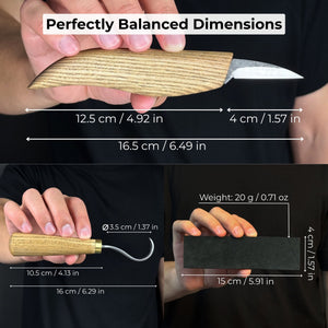 3-Piece Wood Carving Knife Set – Whittling Knife, Hook Knife & Leather Strop detail view by Sharky Forged Steel Tools
