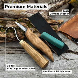 3-Piece Wood Carving Knife Set – Whittling Knife, Hook Knife & Leather Strop detail view by Sharky Forged Steel Tools