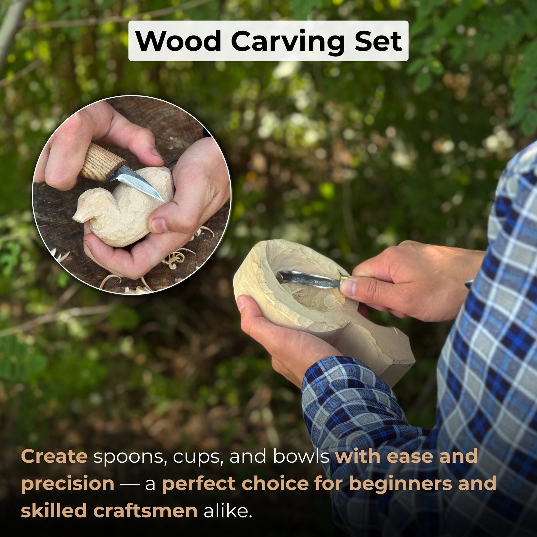 3-Piece Wood Carving Knife Set – Whittling Knife, Hook Knife & Leather Strop detail view by Sharky Forged Steel Tools