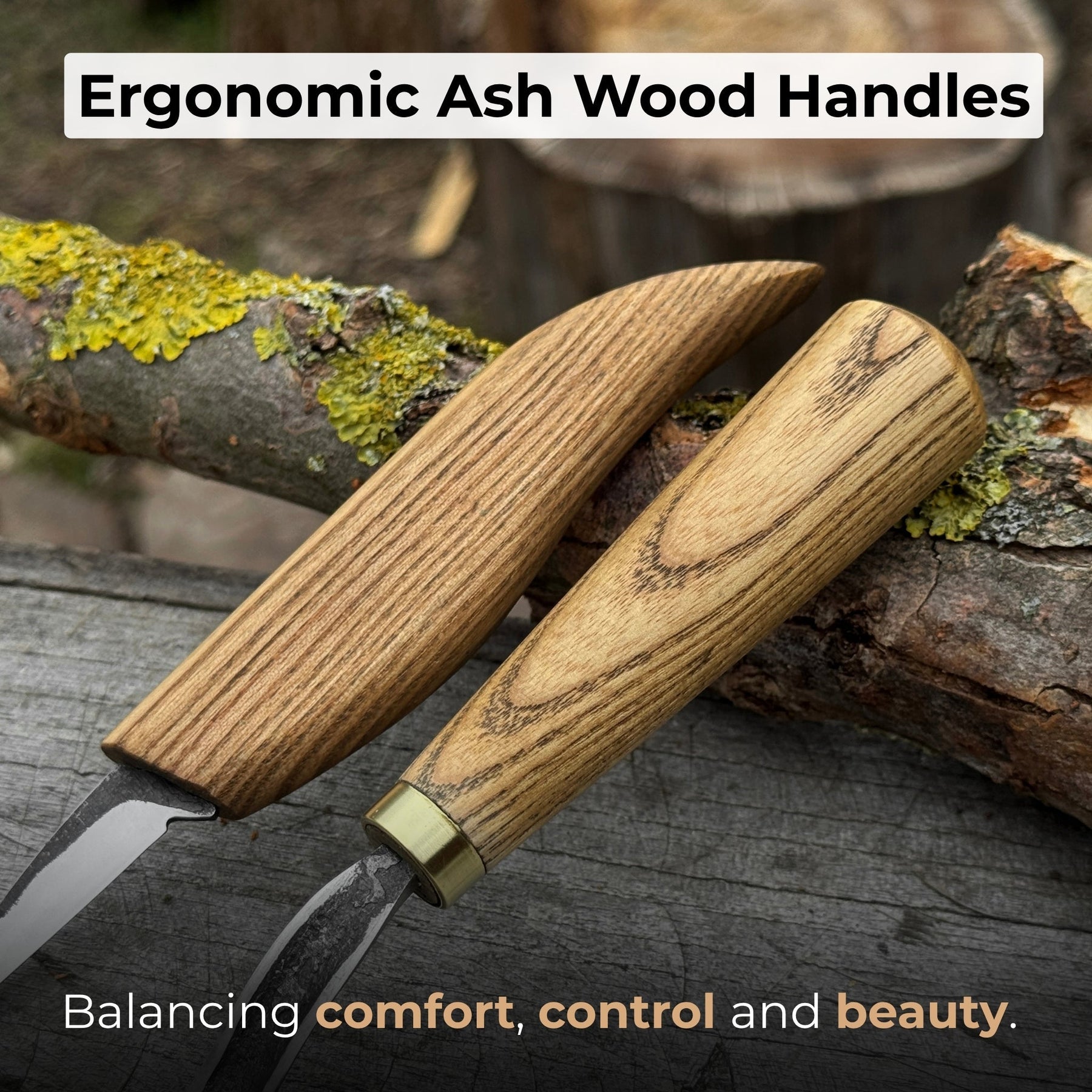 3-Piece Wood Carving Knife Set – Whittling Knife, Hook Knife & Leather Strop detail view by Sharky Forged Steel Tools