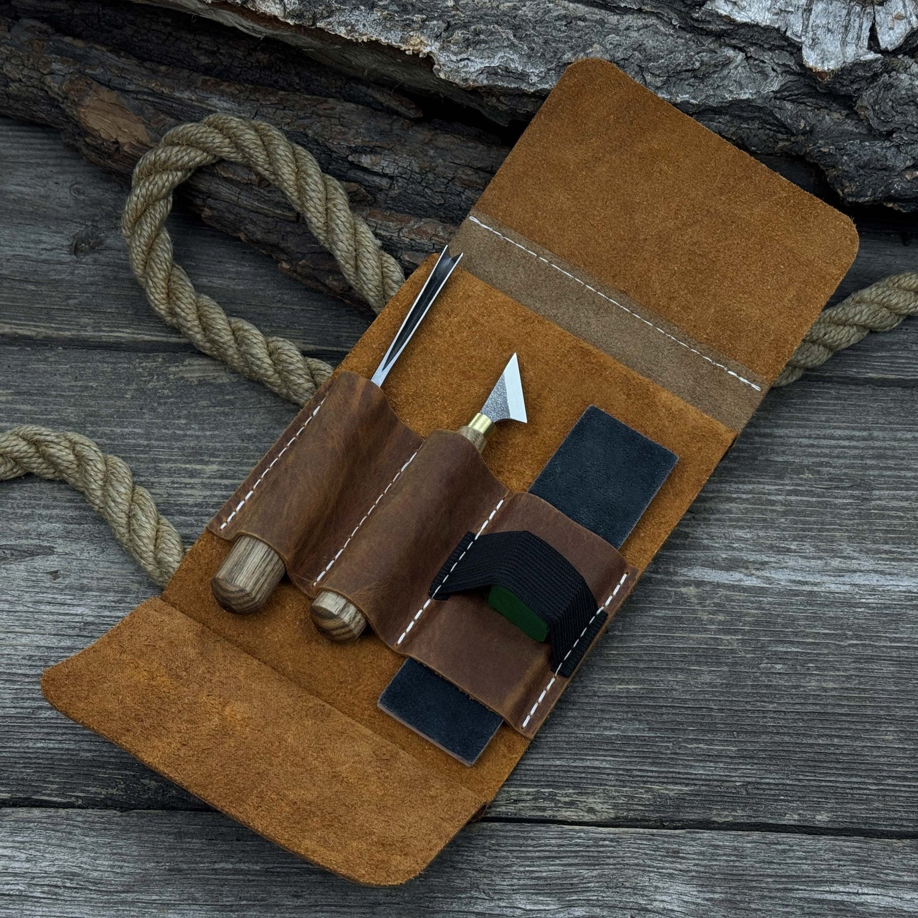 3-Piece Wood Carving Tool Set with Leather Case detail view by Sharky Forged Steel Tools