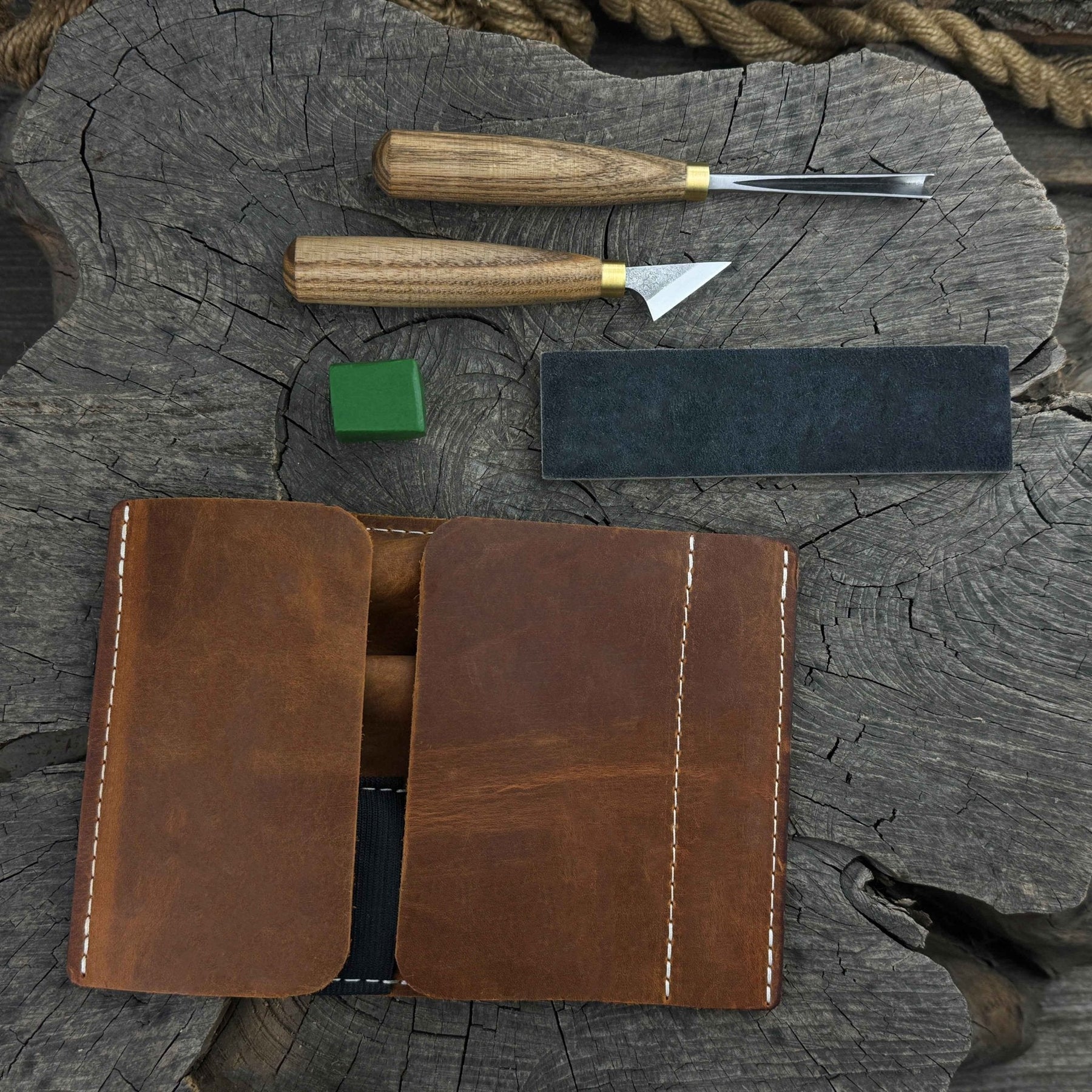 3-Piece Wood Carving Tool Set with Leather Case detail view by Sharky Forged Steel Tools
