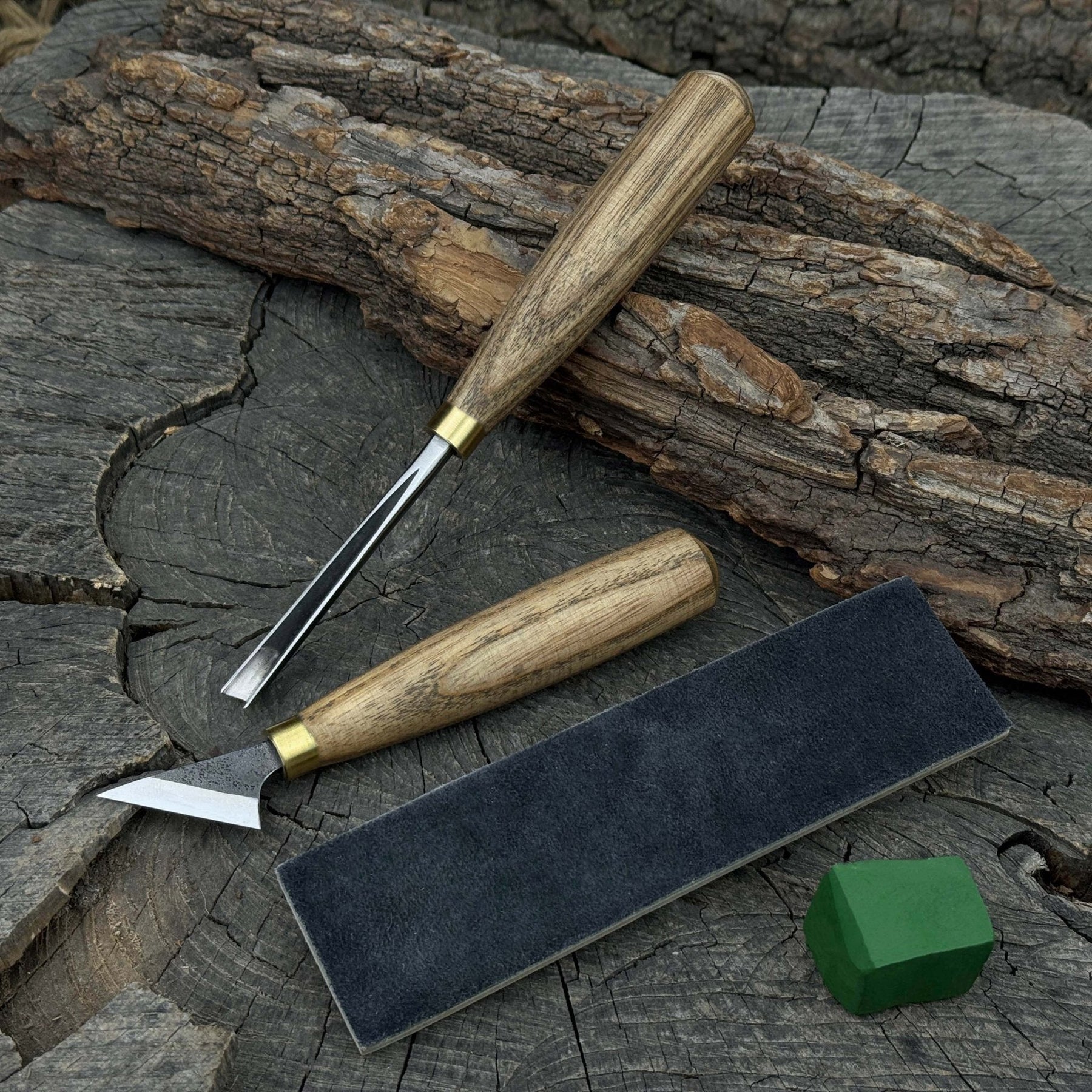 3-Piece Wood Carving Tool Set with Leather Strop detail view by Sharky Forged Steel Tools
