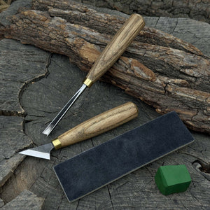 3-Piece Wood Carving Tool Set with Leather Strop detail view by Sharky Forged Steel Tools