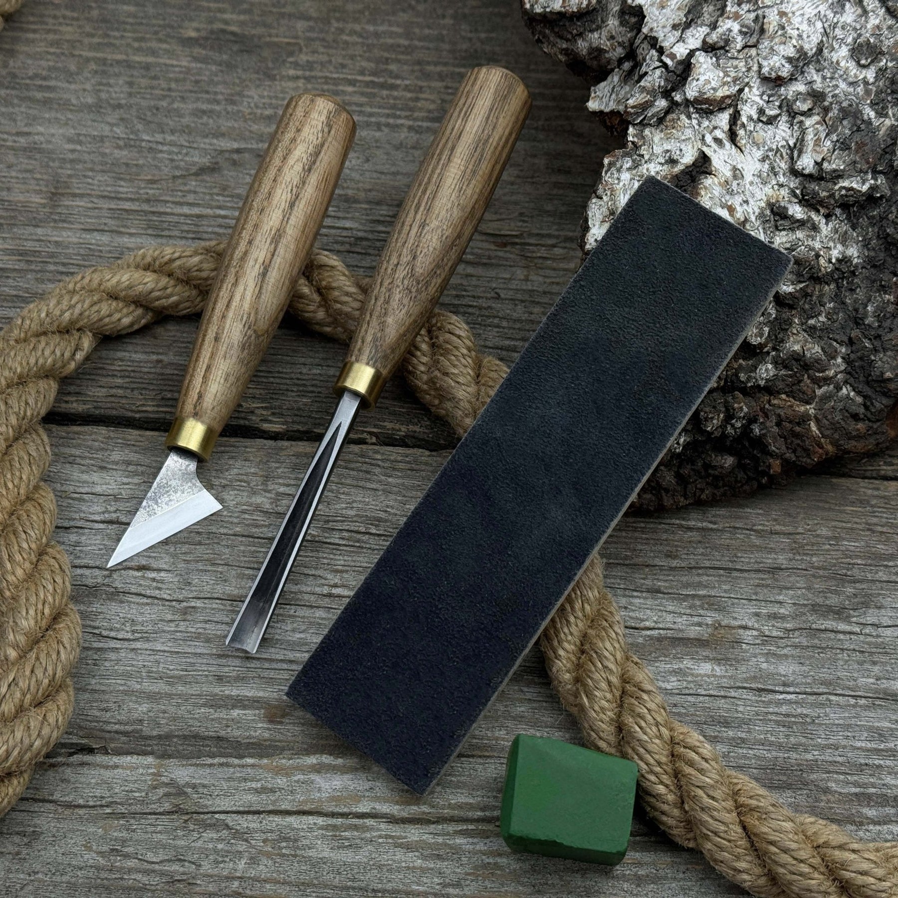 3-Piece Wood Carving Tool Set with Leather Strop detail view by Sharky Forged Steel Tools