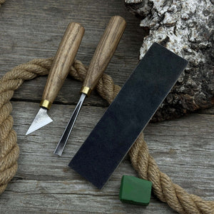 3-Piece Wood Carving Tool Set with Leather Strop detail view by Sharky Forged Steel Tools