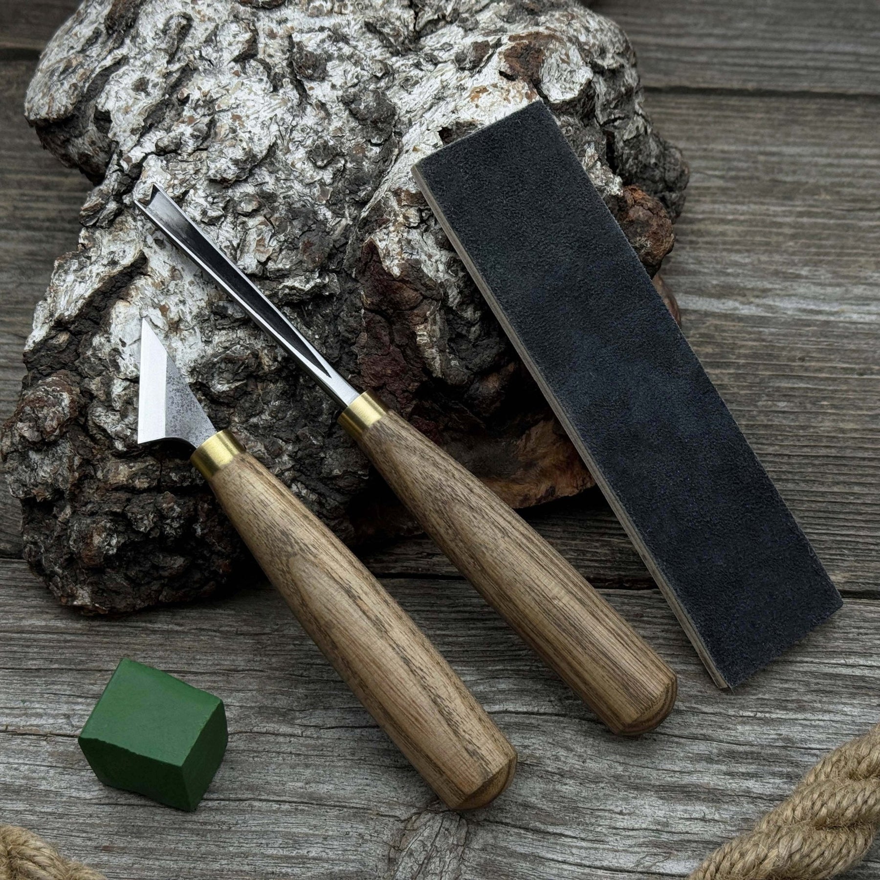 3-Piece Wood Carving Tool Set with Leather Strop detail view by Sharky Forged Steel Tools