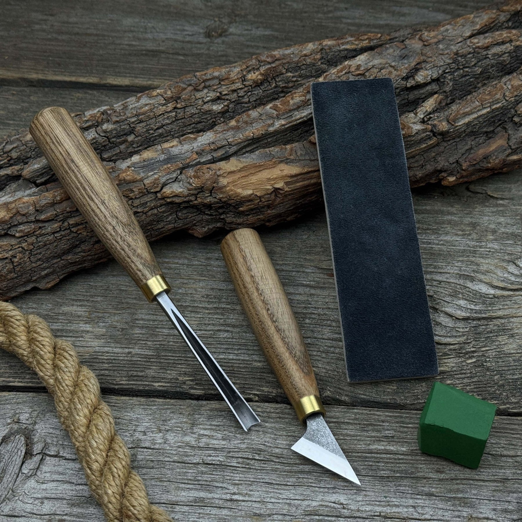 3-Piece Wood Carving Tool Set with Leather Strop detail view by Sharky Forged Steel Tools
