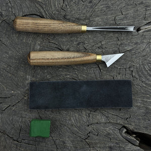3-Piece Wood Carving Tool Set with Leather Strop detail view by Sharky Forged Steel Tools