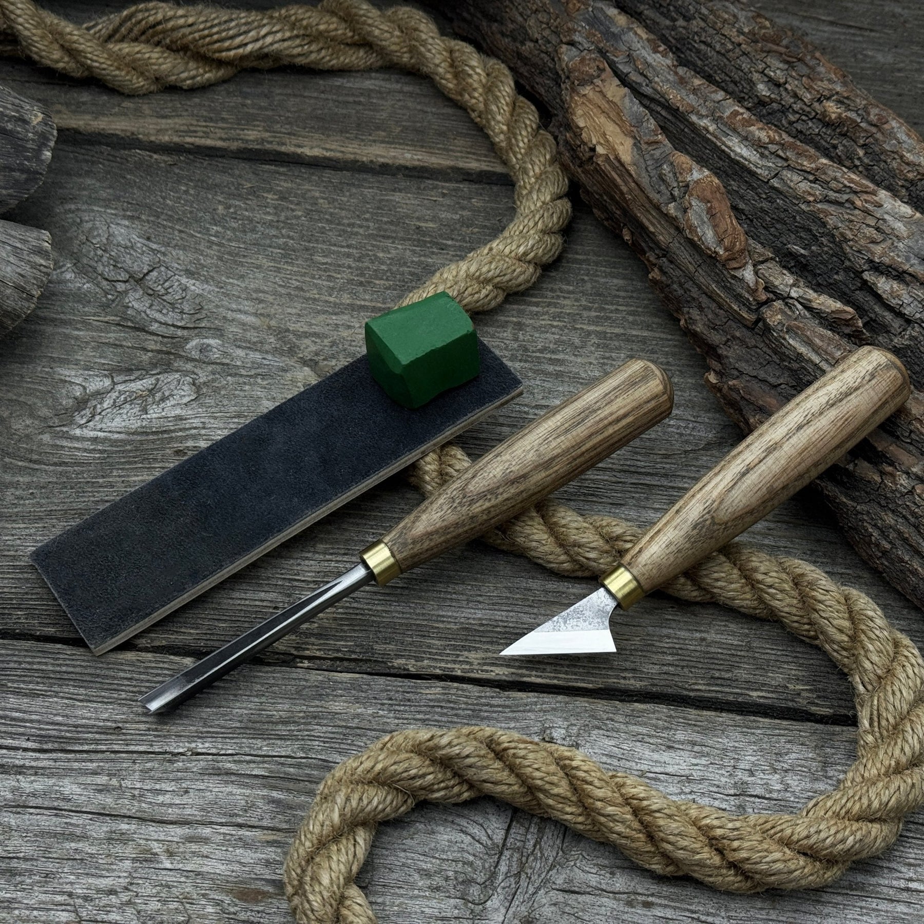 3-Piece Wood Carving Tool Set with Leather Strop detail view by Sharky Forged Steel Tools