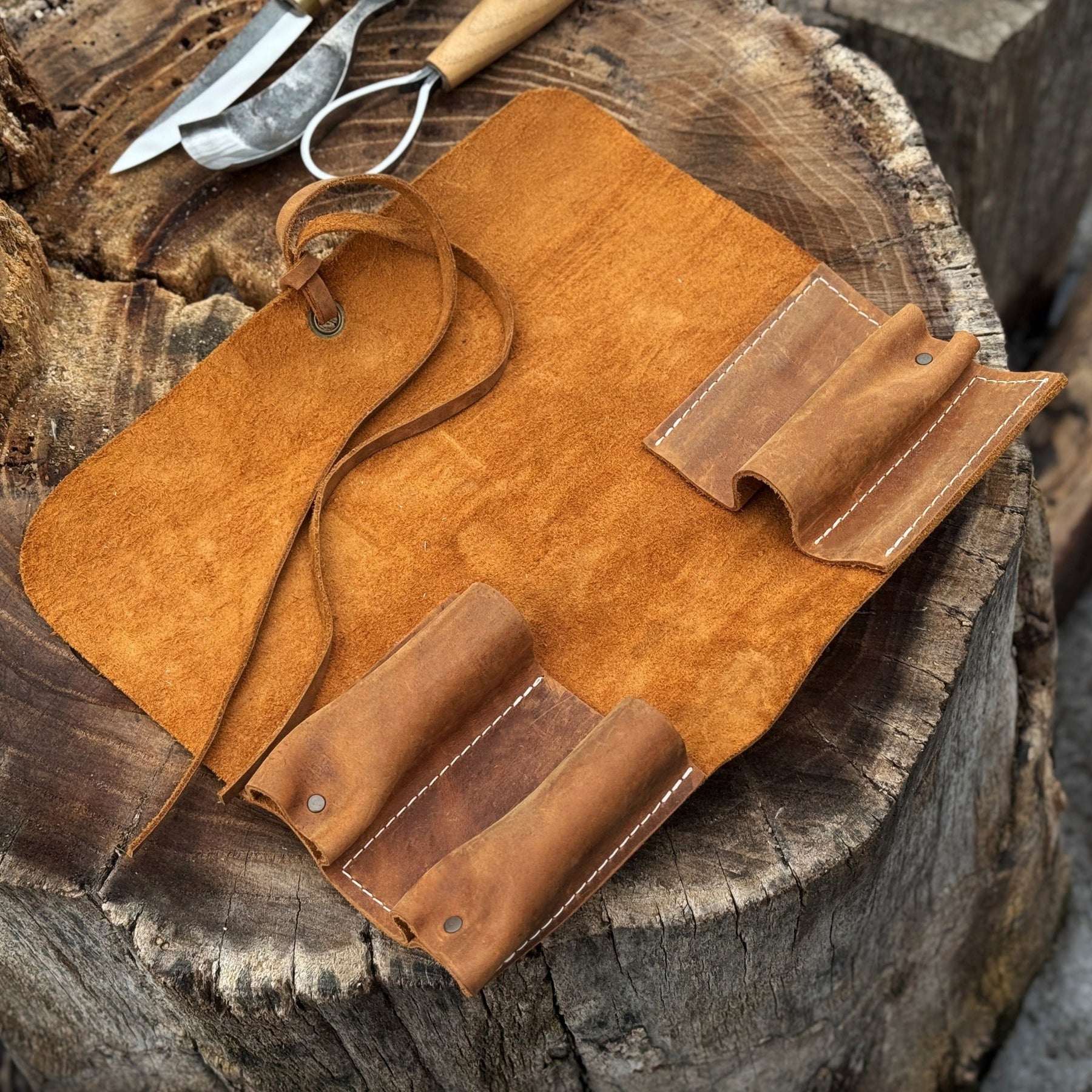 3 Pocket Leather Tool Roll detail view by Sharky Forged Steel Tools