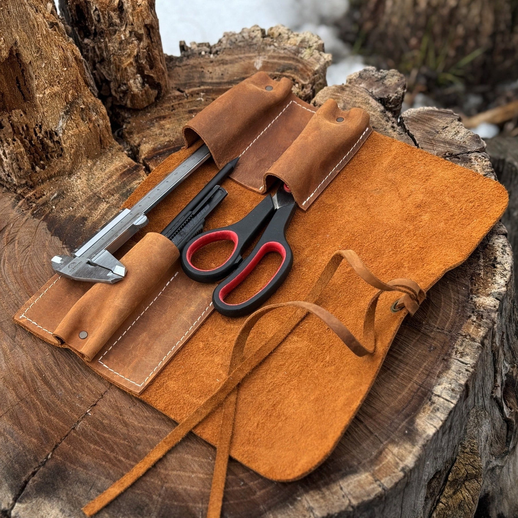 3 Pocket Leather Tool Roll detail view by Sharky Forged Steel Tools